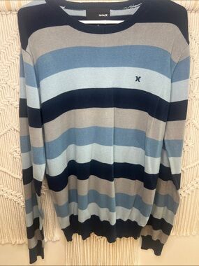 Hurley Blue and Gray Striped Crewneck Sweater